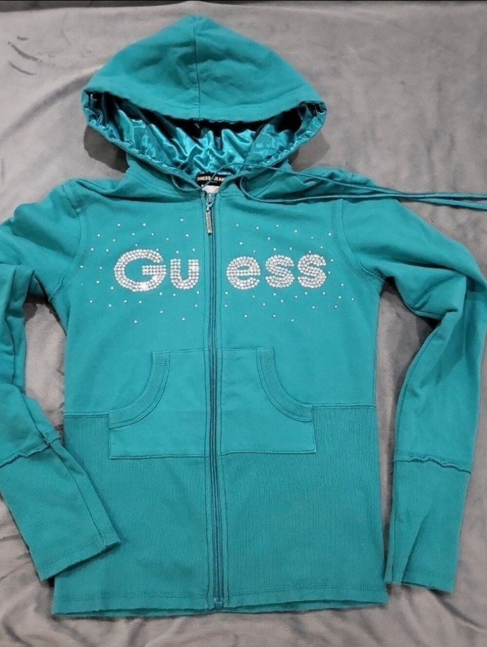 Vintage GUESS Y2K Rhinestone Logo Zip Up Hoodie Teal Turquoise Size M